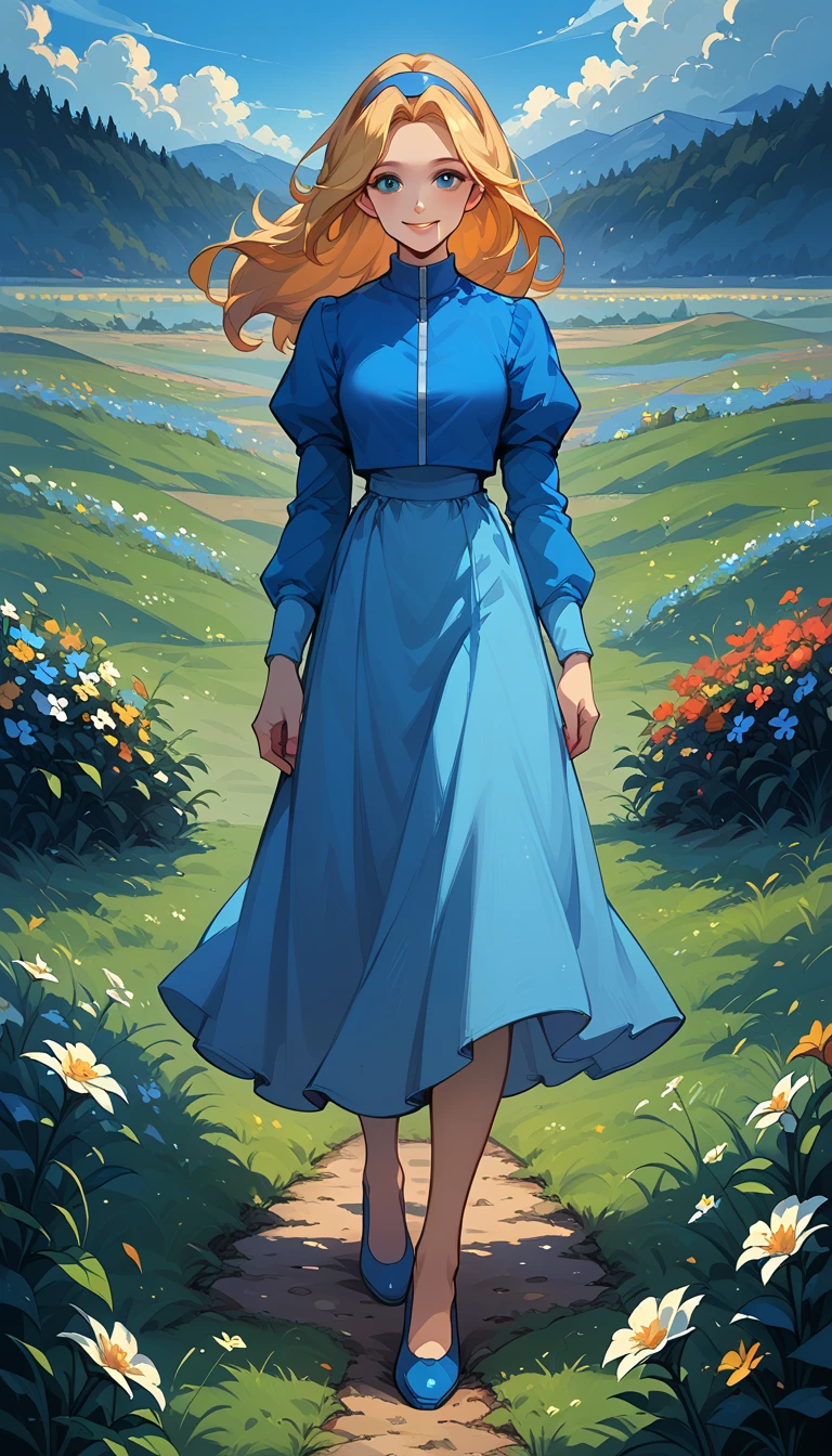 score_9, score_8_up, score_7_up, 1girl, solo, unifiedmaria, Maria Robotnik, smile, blue dress, blue shoes, outdoors, field of flowers, full body shot