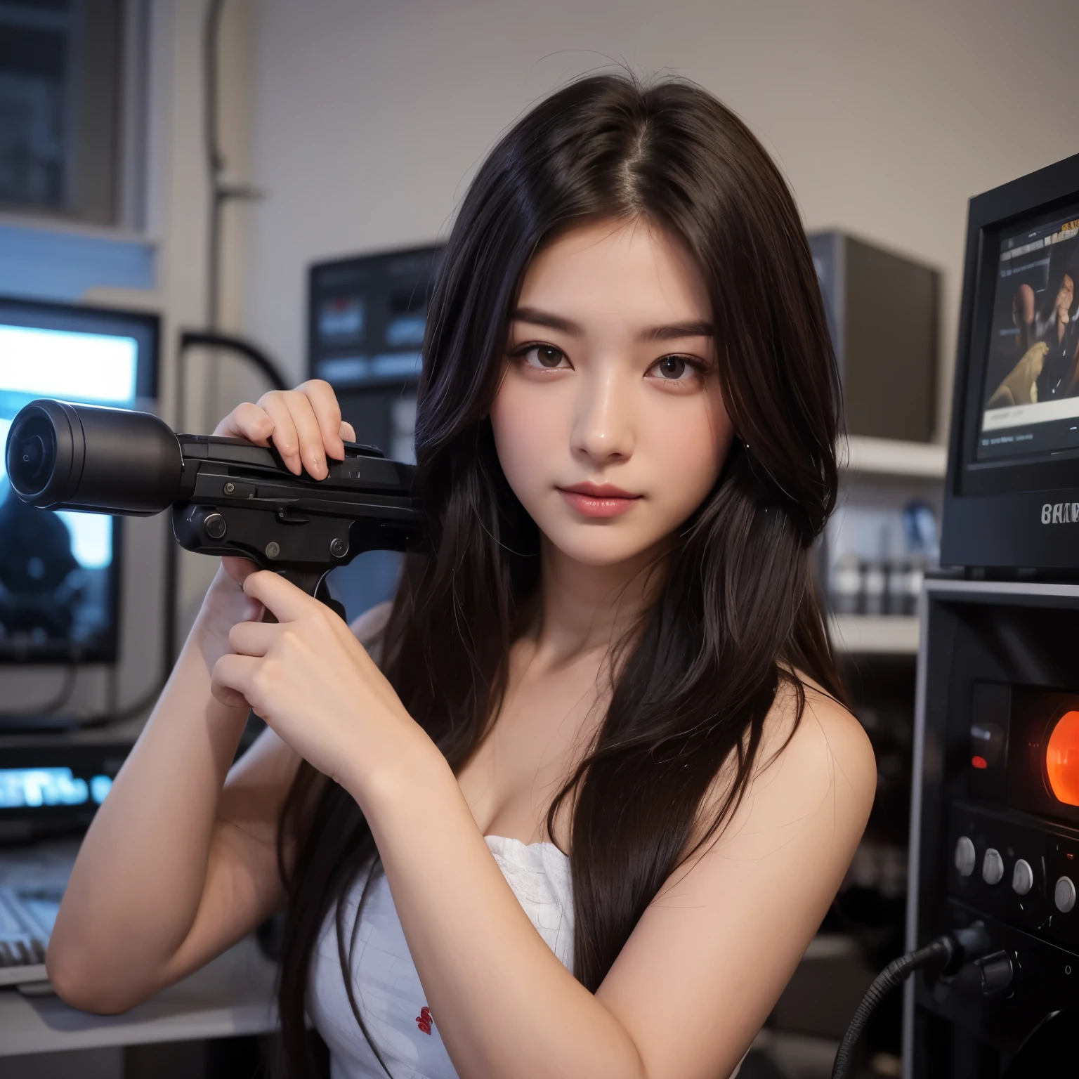 (8k, RAW photo, best quality, masterpiece:1.2), (realistic, super-realistic:1.4), (extremely detailed CG unity 8k wallpaper), a young woman, long brown haired, Douyin, Ulzzang, lying silkworm, pink lips, eyebrows, blush, eyelashes, hold pistol, wearing black headset, minimalist background, perfect body, full body, black crop top, jeans pants, bracelet, rings, (smooth hair: 1.4), (perfect fingers), sexy poses, Fairy Skin, 