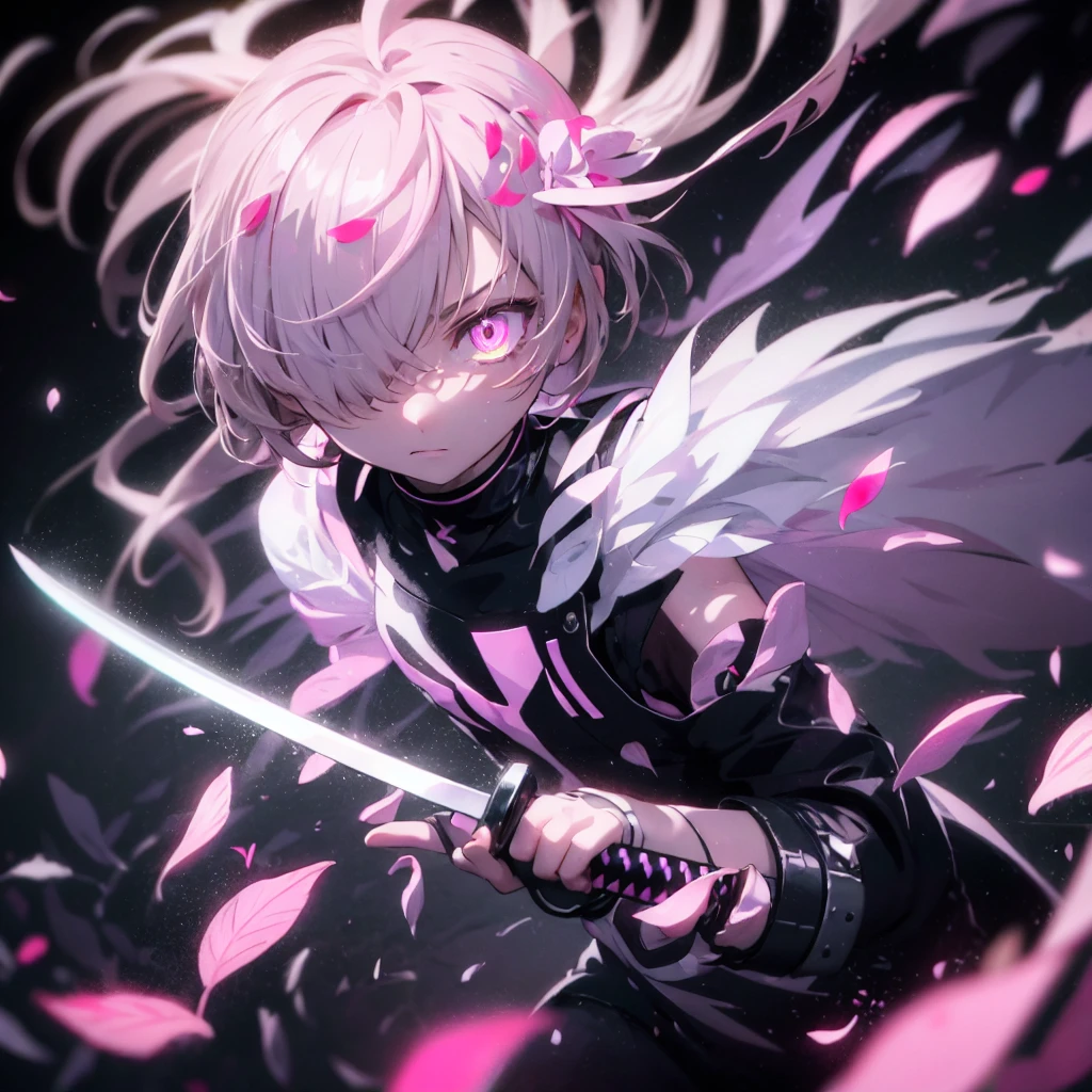 (masterpiece, best quality, ultra detailed), 1girl, solo, Katana One Hand, blade to side, basic grip, blade down, blade right hand, glowing eye, hair over one eye, decef, petal fragments, swirling petal, pastel neon colors tone, light particles, cinematic lighting, depth of field,