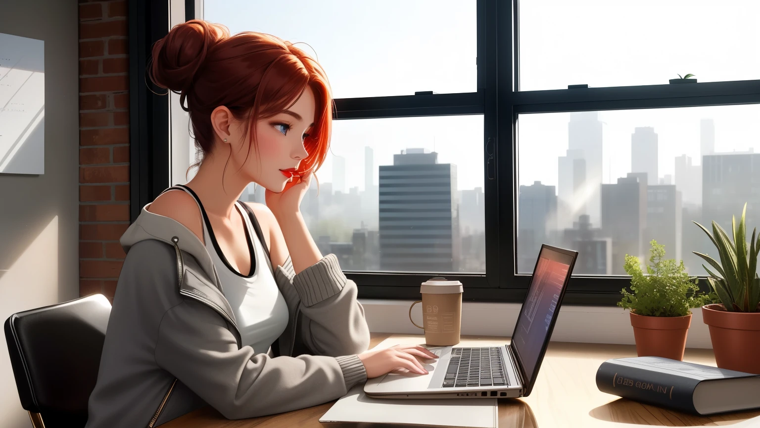 "A captivating young woman sits at her workspace, her posture both focused and relaxed as she works diligently on her laptop. Her auburn hair is tied into a loose messy bun, with subtle streaks of dark purple adding depth to her style. A few strands gently frame her delicate face, highlighting her vivid blue eyes, which reflect a soft intensity under the warm glow of the lighting. Her naturally red lips contrast elegantly with her fair complexion, exuding a vibrant yet understated charm.
She wears a fitted white tank top beneath an unzipped gray zipper jacket, which falls open casually to reveal her effortlessly chic style. The jacket’s slightly oversized design gives her a relaxed, comfortable vibe, with the sleeves pushed up just below her elbows, exposing her slim forearms. The outfit perfectly balances casual comfort and modern elegance.
The setting is an industrial-style workspace, exuding a blend of rugged charm and contemporary aesthetics. The room features exposed brick walls, black metal beams, and a polished concrete floor, with large floor-to-ceiling windows flooding the space with natural light. Golden rays from the setting sun spill into the room, casting long, warm shadows and highlighting the textures of the space. Outside the window, an urban skyline dotted with greenery stretches out, blending the vibrancy of city life with the serenity of nature.
The desk is a beautifully minimalistic piece crafted from rich wood, its smooth surface adorned with thoughtful details: a potted succulent, a neatly stacked set of notebooks, and a steaming mug of coffee. A brass desk lamp casts a focused beam of light onto her workspace, while soft ambient sounds of the city filter through the open windows, adding a tranquil rhythm to the atmosphere.
Her posture conveys a balance of productivity and ease—one hand gracefully typing on the laptop, the other resting lightly on the desk. The scene captures a perfect moment of modern sophistication, where her stylish atti
