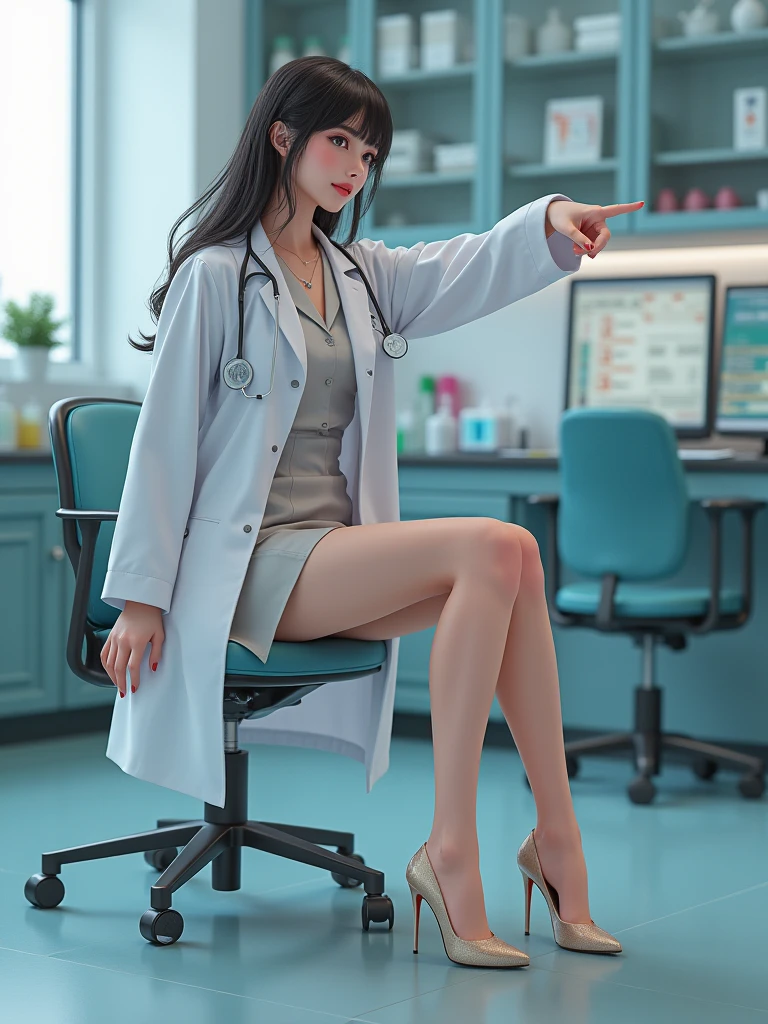 Doctor, 1 woman, solo, sitting (Looking at the audience), (white lab coat:1.5), long skirt ,Stylish clothes mature woman /(dark brown hair/) Bangs, smiling kindly (The best quality masterpiece:1.2) , Delicate illustrations, Special details, (hospital examination room) In the building, desk (X-ray image of the lungs:1.2) Detailed background