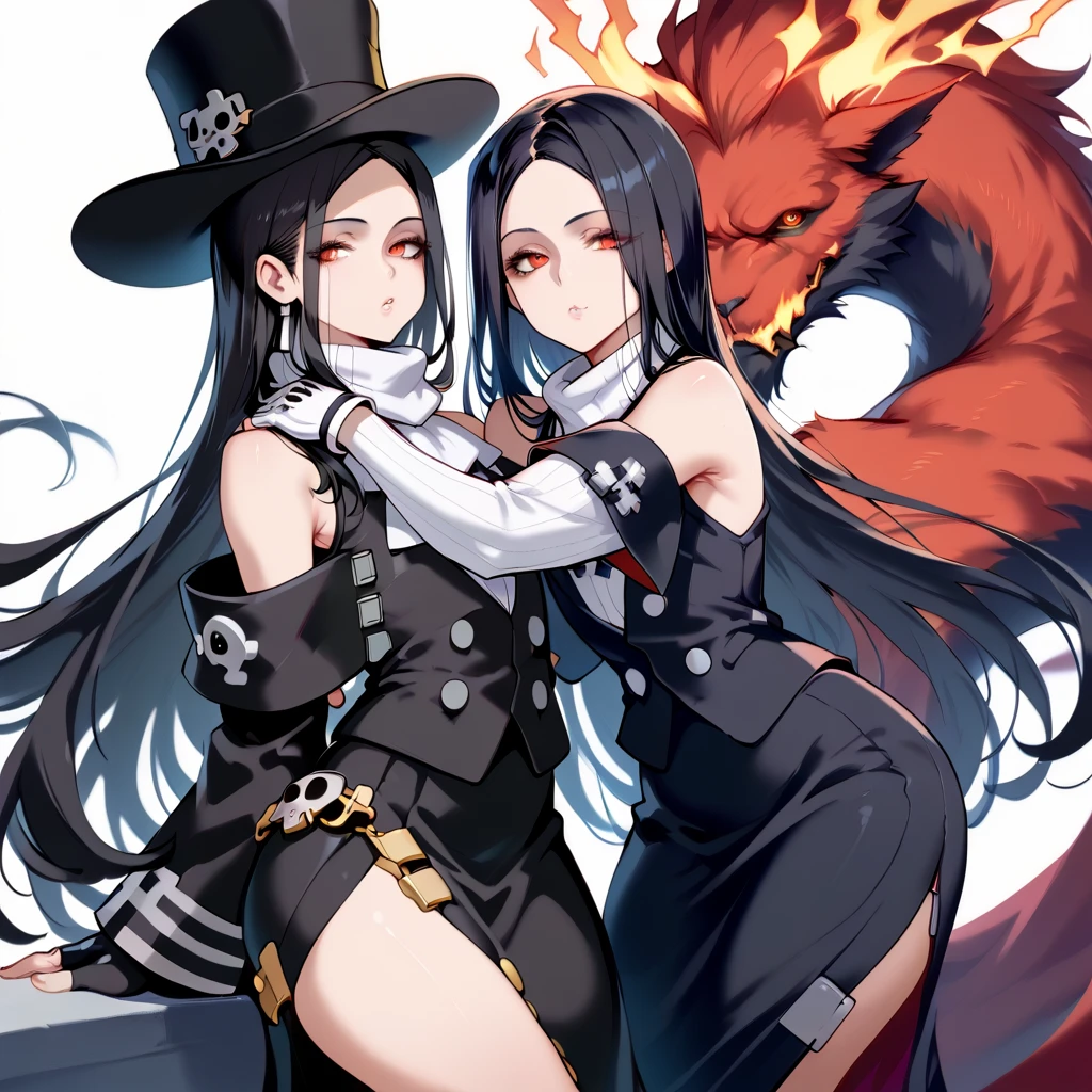 seductive poses, 1other, androgynous, looking at viewer, testament\(guilty gear\), o, black hair, red eyes, long hair, formal, BLACK SLEEVES, detachable sleeves, scarf, top hat, long black skirt, side slit, black vest, fingerless gloves, bare shoulders, asymmetrical gloves, single