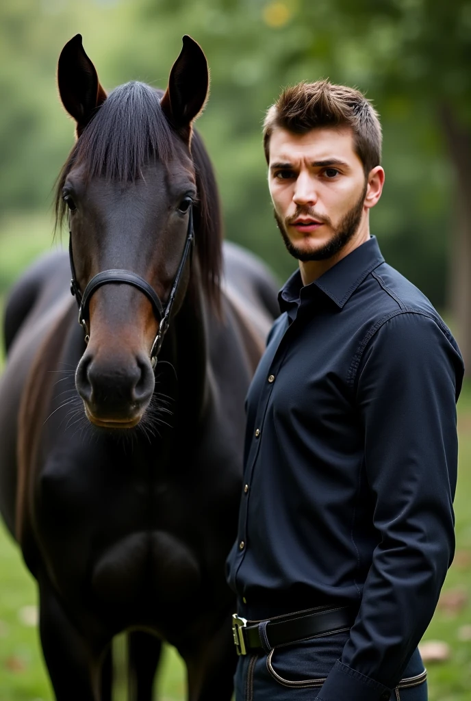 Young cute handsome beautiful 2 without beard taking perfect face next to him a donkey