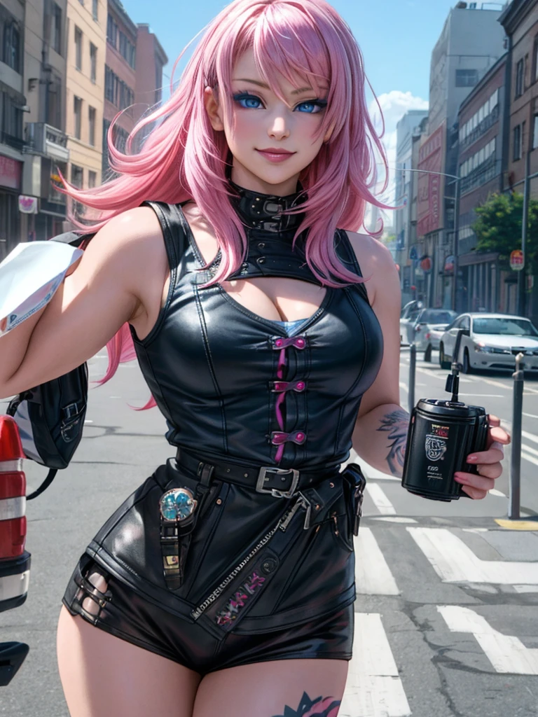 Leather jacket Girl Bike Long Hair Twin Tails Smile Beauty Big Tits Best Quality Masterpiece Beauty Big Tits Pink Hair