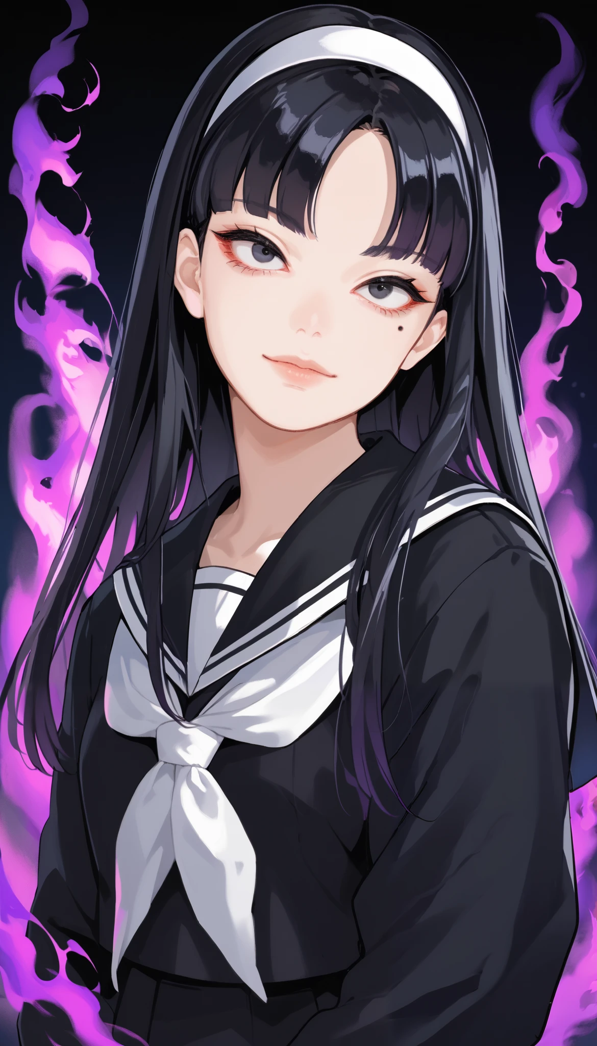 Score_9, score_8_up, score_7_up, score_6_up, source_anime, rating:general, 1girl, gothic girl, pale white skin, black eyes, black hair, long hair, blunt bangs, parted bangs, white hairband, mole under left eye, portrait, sailor suit school uniform, head tilt, sultry look, mysterious, 8k quality, vivid colors, perfect lighting, perfect shadowing, purple SmokeyAura, purple Aura, purple Smoke, burning 