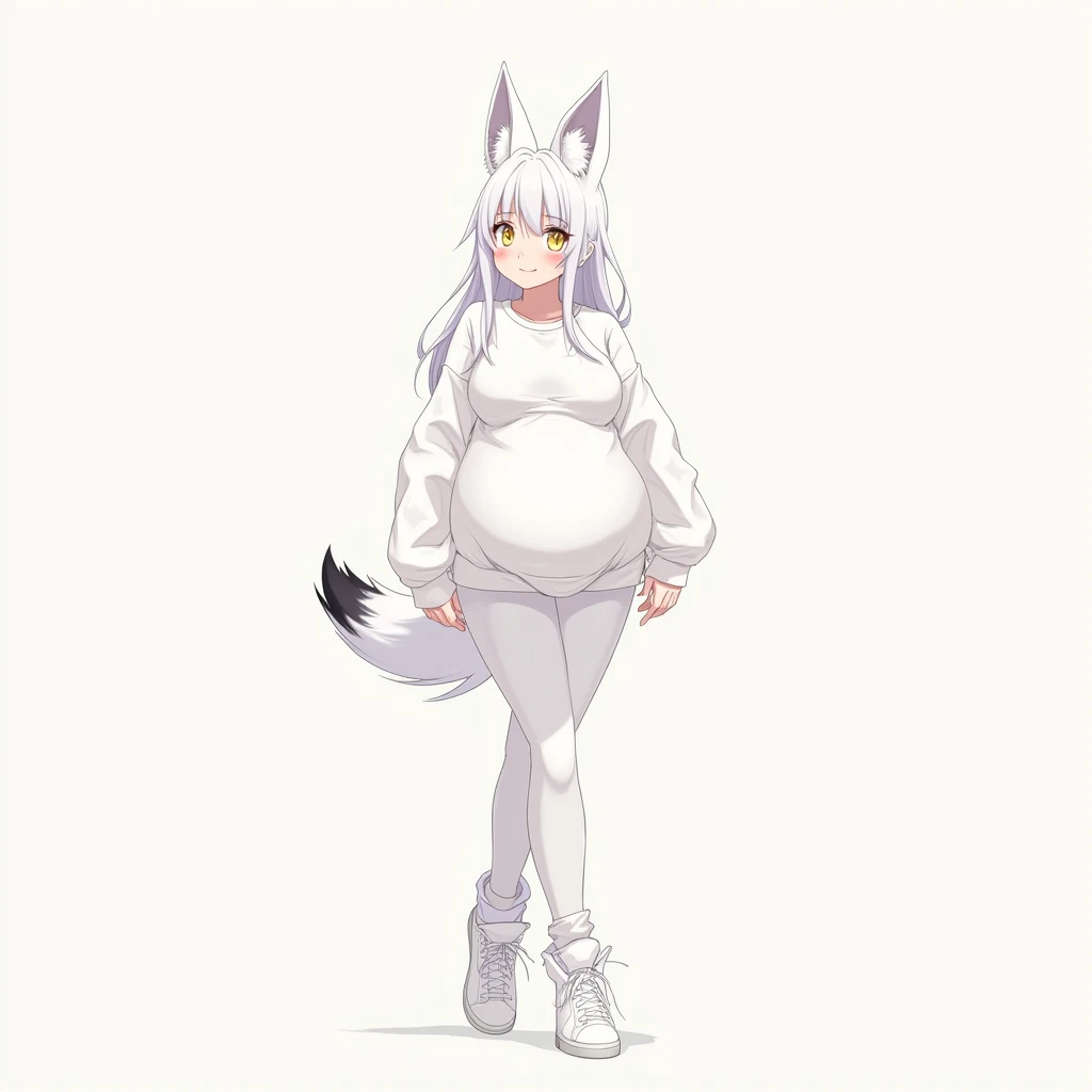 wolf girl、adult、2 Men Arms、Four wolf legs、quadrupedal walking、delicate、Delicate face、wolf ears、Silvery white hair and body hair、Flat chest、T-Shirts、(exposure of the abdomen)、Sharp Eye、Ultra HD