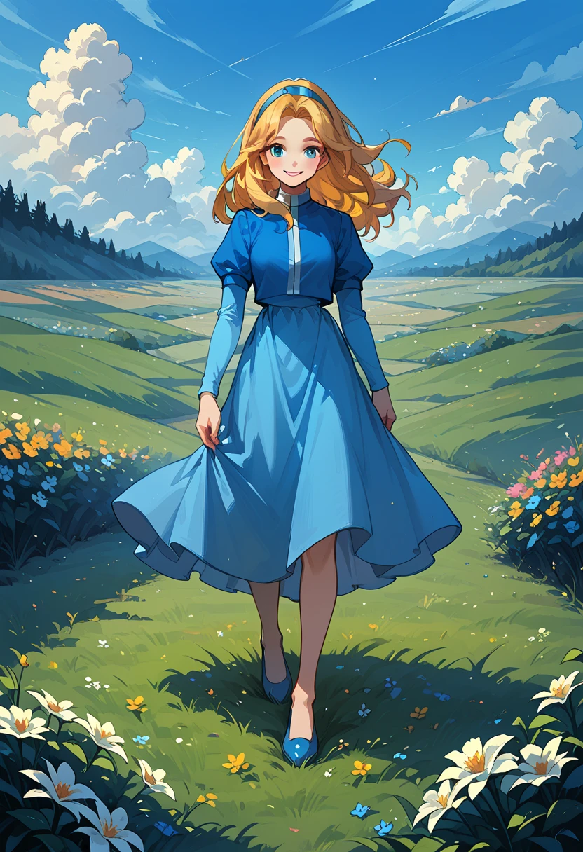 score_9, score_8_up, score_7_up, 1girl, solo, unifiedmaria, smile, blue dress, blue shoes, outdoors, field of flowers, full body shot