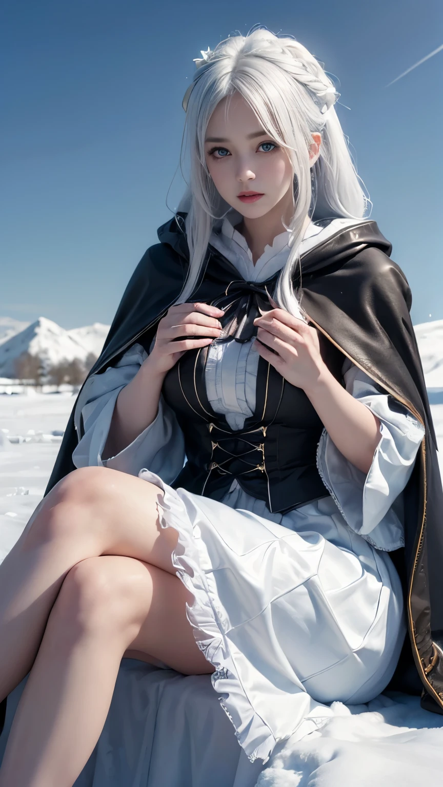 (8K, RAW photo, Photorealistic:1.4)， high resolution, 1 Women, Solo,。Sitting ， Beautiful eyes, White hair, ringed eyes, (sitted，Cloak，Cover with snow，Heavy snow:1.3)，snowfield，Outside the castle，Correct anatomy，show  nipples, show vagina, open legs:1.4
