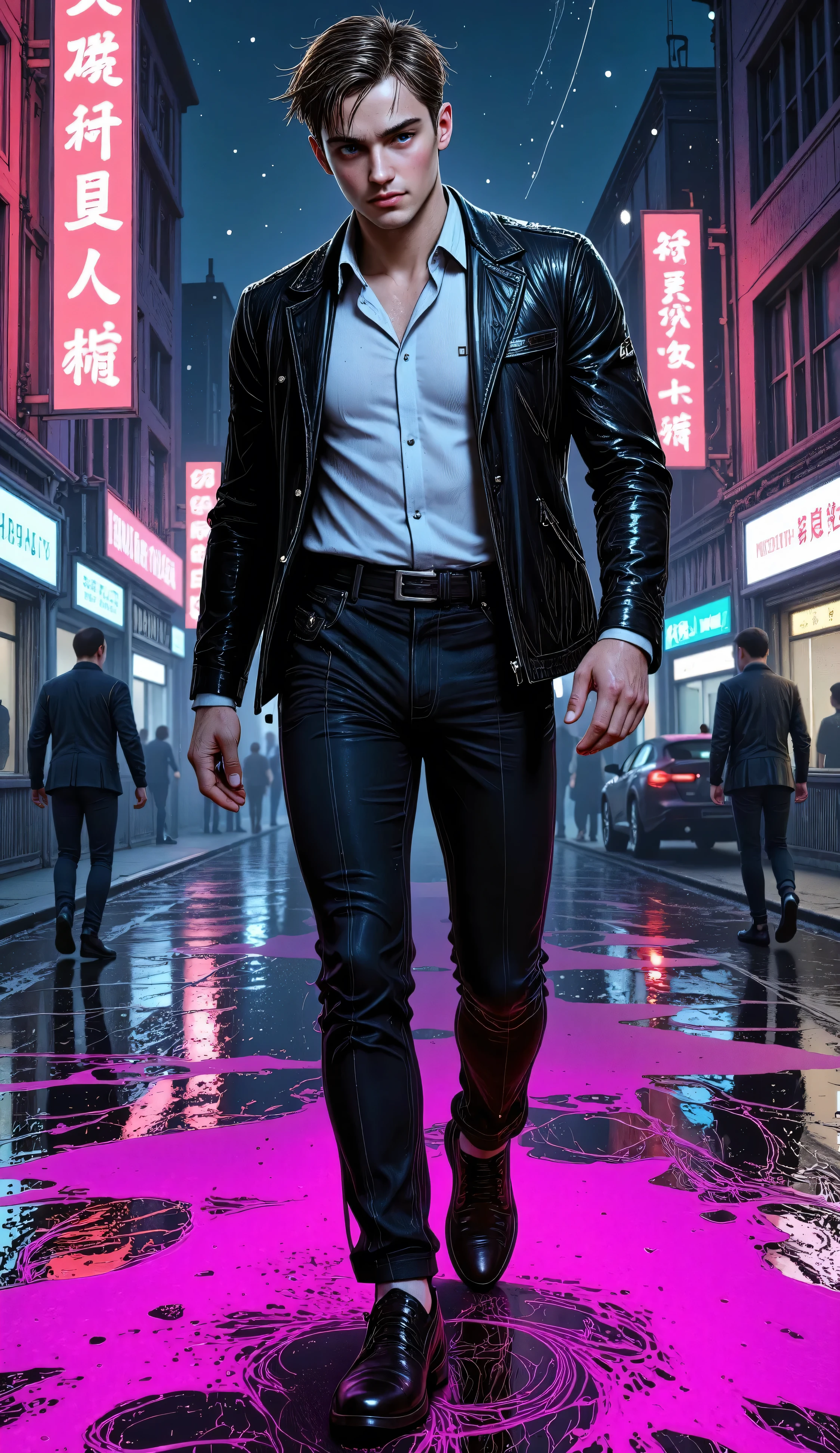 ( masterpiece,  better quality,  High resolution,  32k ,  extremely detailed CG :1), ( unity wallpaper faint illustration on stage :1.0), ((1 handsome young man:1.55 by Cyberpunk :1. 5 dancing in the rain :1.54 )),(( Cyberpunk Night City:1.4)),  neon signs futuristic cars ,dark place rain, (( wet clothes magenta neon lights that illuminate the young man perfectly:1.45) . 32k