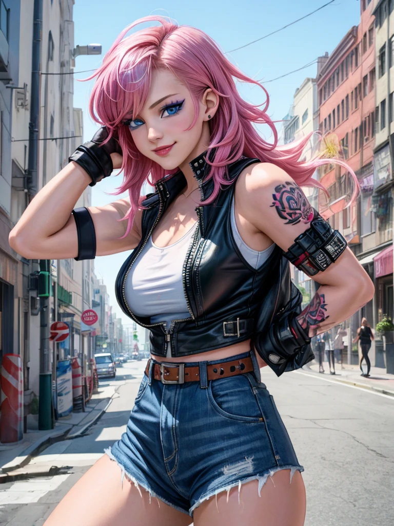 (premium、8k、32K、masterpiece、NffSW:1.3)、(photorealistic:1.4),18 year old punk girl,turned around、Crazy punk hair, long hair, Moda punk radical,tank tops、leather waistcoat、a pink hair,crazy makeup、Many tattoos、street background、Lens flare、Depth of fields,blurred background, creepy smile, Breasts, diamond blue eyes,1girl, Solo,