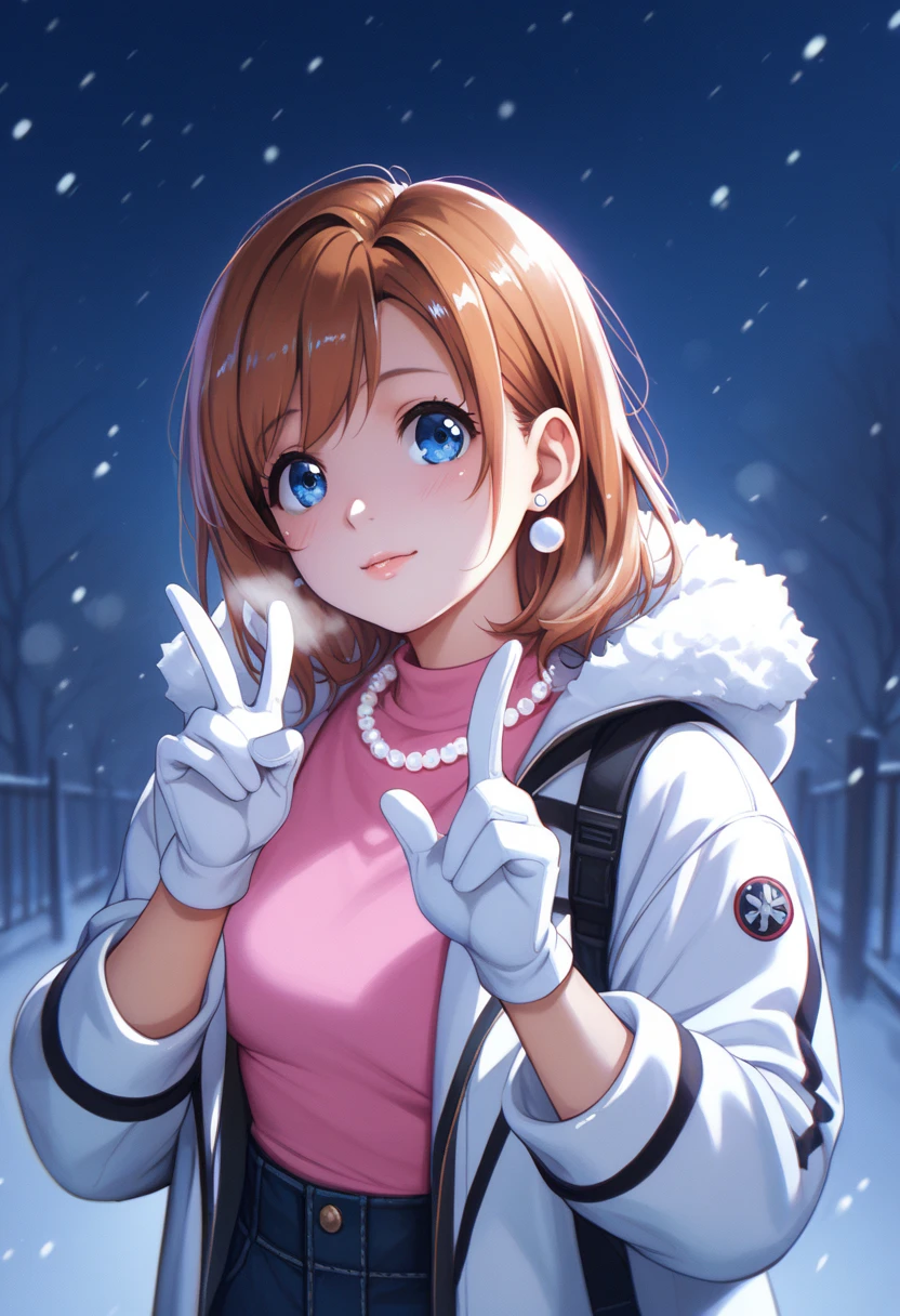 score_9, score_8_up, score_7_up, score_6_up,Shiny skin, kousaka honoka, blue eyes, beautiful, winter clothes, breathing, brown hair, night, snowing, cowboy shot,pink shirt,white crop jacket, white gloves, Pearl necklace, earrings,v