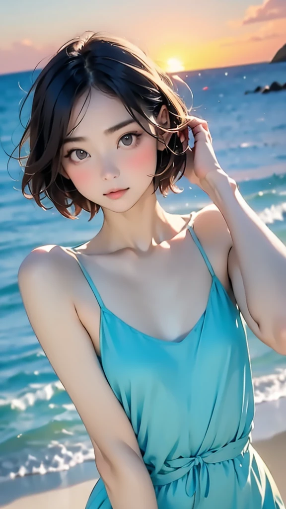 one girl, ***** face, cute face, ash gray hair:1.5, bob hair, short hair, camera's line of sight, small breasts, An ennui look, (((camisole, dress))) , particles of light, sea of ​​sunset, calm sea, white sand beach, very beautiful sunset, RAW photo, highest quality, High resolution, High resolution, masterpiece:1.3, 8k, 12k, professional photographer,((Extremely precise and accurate anatomy:1.0)),Kind eyes,Graceful pose,(Beauty of form:1.4) Golden ratio, big eye,(nature's providence:1.4),