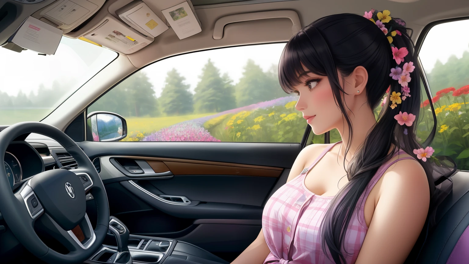 "A scenic view from the open window of a car driving through a breathtaking flower garden. The focus captures a young woman inside the vehicle, sitting by the window with her hair in a dark green ombre, tied up in a sleek ponytail with soft bangs framing her face. She wears a pink tank top, long denim jeans, and a plaid flannel shirt tied casually around her waist, exuding a relaxed and stylish vibe. Through the open window, vibrant flower fields in shades of pink, purple, yellow, and white stretch out endlessly, interspersed with lush green trees under a bright blue sky. Sunlight streams in, illuminating both the woman and the colorful garden outside, creating a harmonious blend of motion and serenity as the car glides through the enchanting landscape."