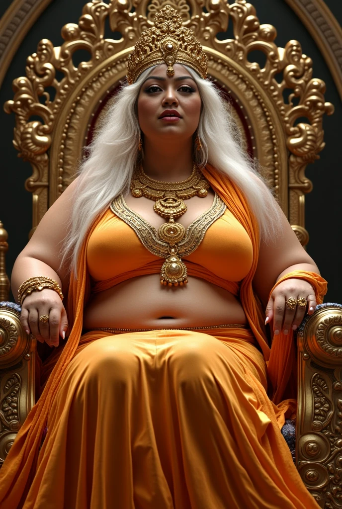 In this stunning, hyper-realistic 8K image inspired by Hindu mythology, a goddess with a majestic plus-size figure sits regally on a throne, exuding an aura of power, timeless beauty, and divine presence. Her form is draped in a flowing garment of shiny, liquid-like glossy satin, appearing slightly wet and radiant, accentuating her curves and emphasizing her robust and commanding stature. The satin material in rich, warm hues shimmers under soft, cinematic lighting, giving her an ethereal glow. The goddess's expression reflects a powerful mix of authority and allure, with eyes that capture a sense of deep emotion and dominance. Her white hair cascades gracefully down her back, creating an otherworldly effect, while her golden crown signifies her divine status. Exquisite golden jewelry, including an intricate necklace and bracelets, further enhances her regal presence, catching the light in dazzling reflections. Her pose is one of dominance and poise, her strong, curvy legs positioned confidently, highlighting her thick, chubby thighs as a symbol of her power and abundance. The throne she occupies is adorned with ornate details that blend mythology and artistry, adding cultural depth to the scene. Rendered with octane for breathtaking realism, the soft, diffused lighting emphasizes the goddess's natural beauty, creating depth and dimension that brings the figure to life. The composition, inspired by Iwona Podlasinska's evocative style, celebrates the goddess's strength, elegance, and divine authority, capturing the timeless essence of mythological storytelling in every meticulous detail.
