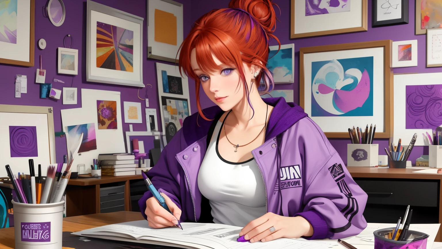 "A woman with auburn hair tied in a messy bun with purple highlights sits at a creative studio desk cluttered with notebooks and a laptop. She wears a white tank top and an unzipped maroon jacket. The room features an eclectic mix of artistic tools, abstract paintings on the wall, and a warm, inspiring ambiance."

