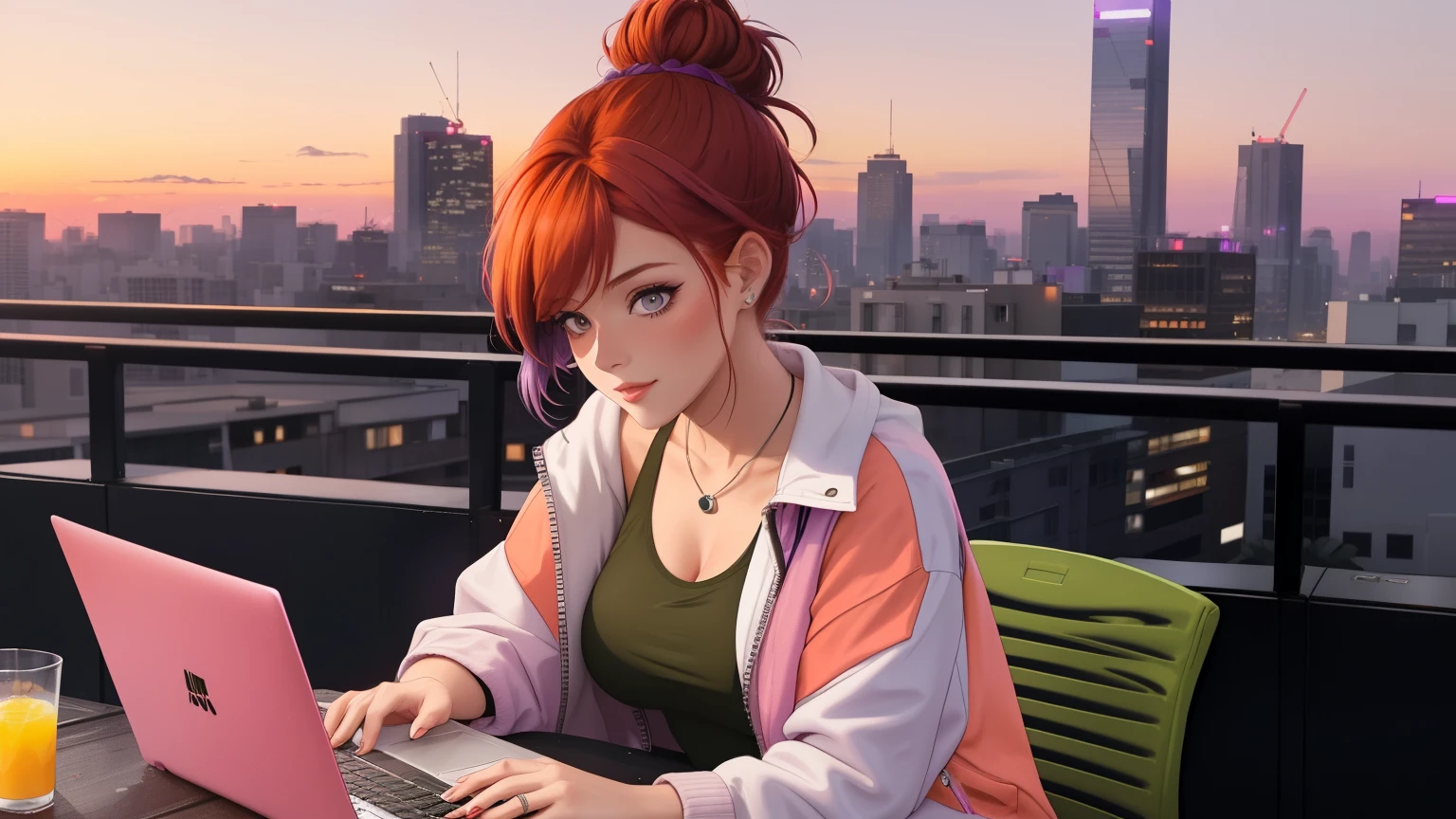 "A woman with auburn hair tied in a messy bun with dark purple streaks works on her laptop at a rooftop lounge during sunset. She wears a white tank top and an olive-green jacket, unzipped casually. The city skyline and vibrant orange-pink sky create a breathtaking, modern aesthetic."