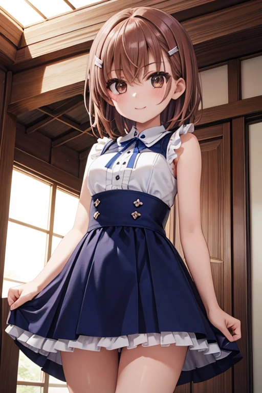 misaka mikoto、 shiny hair,  short hair, ( beautiful brown eyes、)、smile、 super detailed eyes、((hair clip)), highly detailed faces being avenged,  highly detailed eyes ,cowboy shot,、( One Girl )、 ,Master Piece,  top quality ,  high res, masterpiece , 





 top quality 、masterpiece、High sensitivity、 high res、  detailed description  、 slender woman 、white panty、blue mini dress、 turn your arm back 、