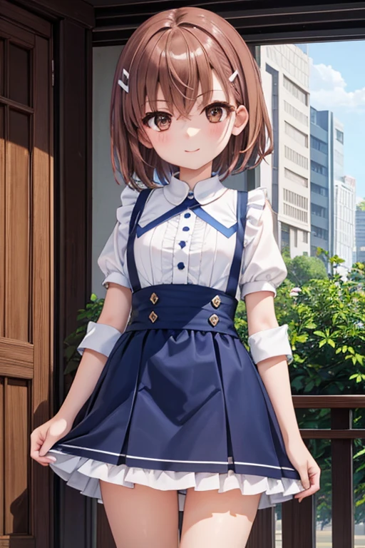 misaka mikoto、 shiny hair,  short hair, ( beautiful brown eyes、)、smile、 super detailed eyes、((hair clip)), highly detailed faces being avenged,  highly detailed eyes ,cowboy shot,、( One Girl )、 ,Master Piece,  top quality ,  high res, masterpiece , 





 top quality 、masterpiece、High sensitivity、 high res、  detailed description  、 slender woman 、white panty、blue mini dress、 turn your arm back 、