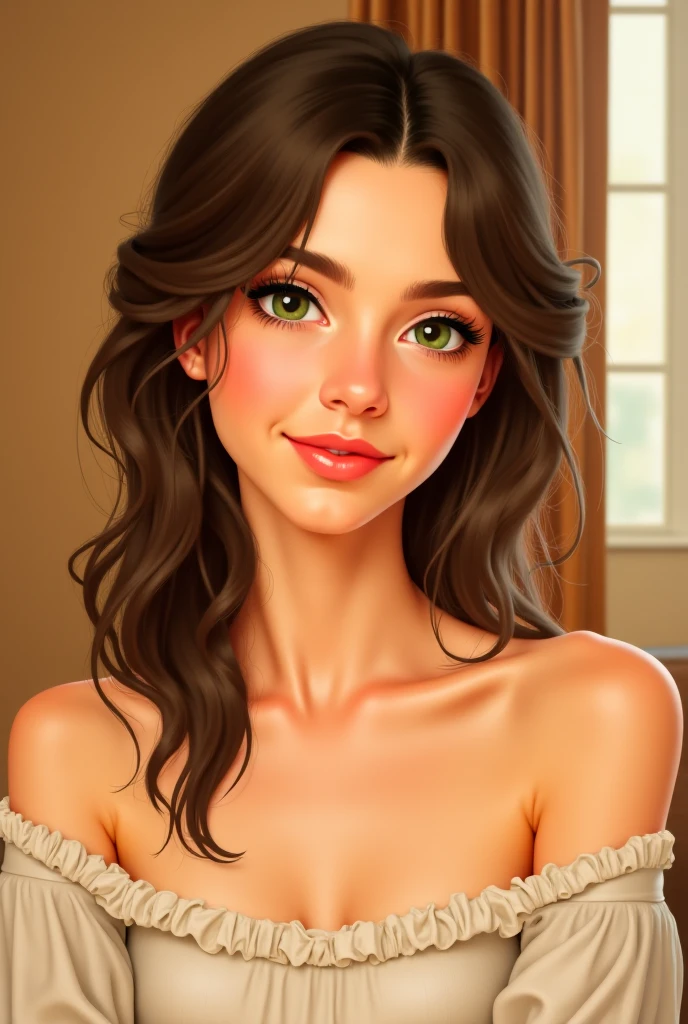 masterpiece, best quality,3d rending work ,3DMM style,close-up,portrait, 3D,1girl, solo, brown hair, string necklace, looking to the side, realistic, upper body, simple background, bangs, looking away, long black hair, parted lips, makeup, long brown curly hair, green eyes, pink lingerie, cleavage, aerith gainsborough, aerith