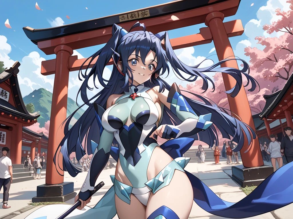  1 girl,Fengmingyi，dark blue hair， long hair, Symphogear , shrine ,  detailed body ，Big Breasts, blue furry sleeve，Torii gate in the background， front shot ,A large crowd ，first visit of the year to a shrine,light blue drawstring 