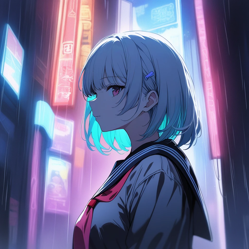  1 girl,  medium breasts, sailor suit,
the above,  Portrait,  Facing Side , Derogatory, Rainy night in a cyberpunk city with neon lights,   closed mouth ,
 top quality ,medium quality,