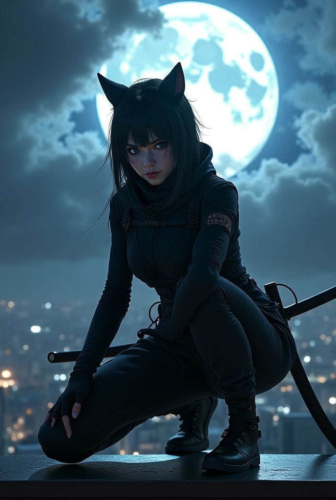 a female ninja, 1girl, with cat ears, crouching on a rooftop, katana on her waist, black outfit, dramatic clouds and big moon in the background.