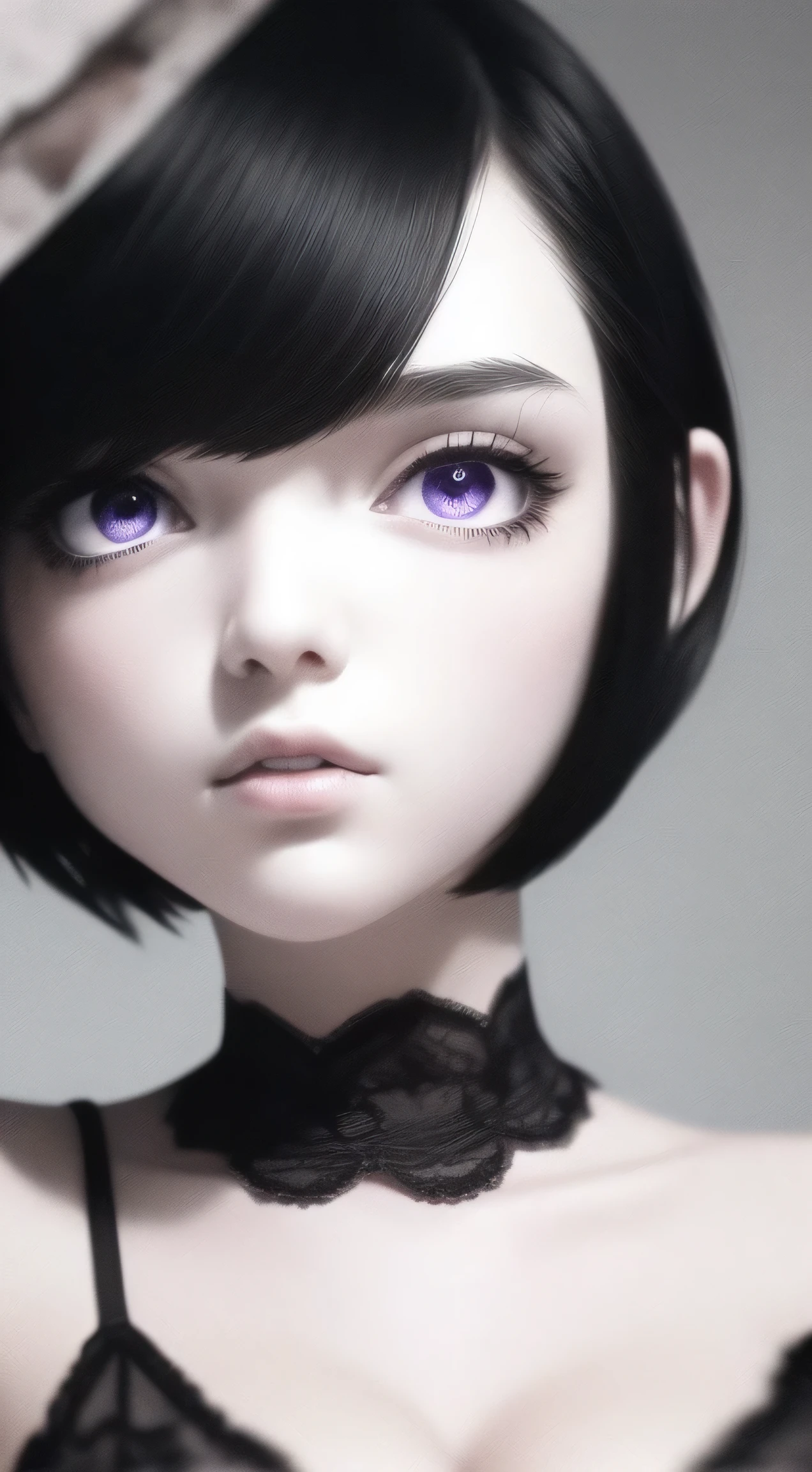 1 girl, short hair, bra, chocker, mature female, (simple background), close up, face focus, goth,