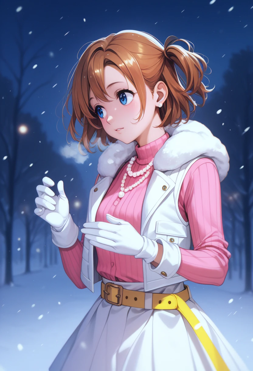 score_9, score_8_up, score_7_up, score_6_up,Shiny skin, kousaka honoka, blue eyes, beautiful, winter clothes, breathing, brown hair, night, snowing, cowboy shot,pink shirt,white open crop vest, white gloves, Pearl necklace, earrings, white skirt, loose yellow belt, sleeveless