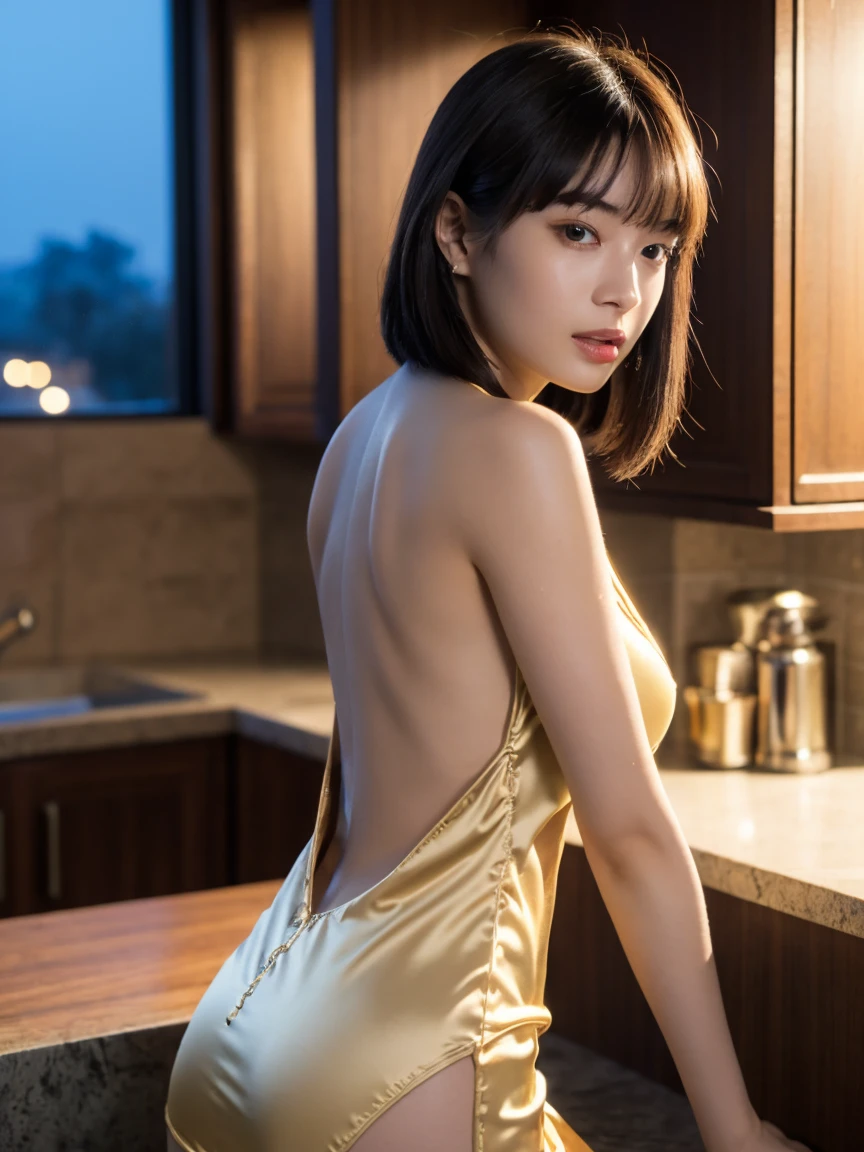 masterpiece, cowboy shot, directly front view, 1girl per 1photo, a Japanese young pretty girl, long bob hairstyle, hyper pretty face, 18 years old, glamorous figure, big smile, wearing only a short length shiny satin yellow green frilled apron directly naked body, standing in a kitchen, glossy lips, big smile, double eyelids in both eyes, natural makeup, long eyelashes, shiny smooth light brown hair, asymmetrical bangs, tanned skin, central image, 8K resolution, high detail, detailed hairstyle, detailed face, cinematic lighting, octane rendering, vibrant, hyper realistic, perfect limbs, perfect anatomy