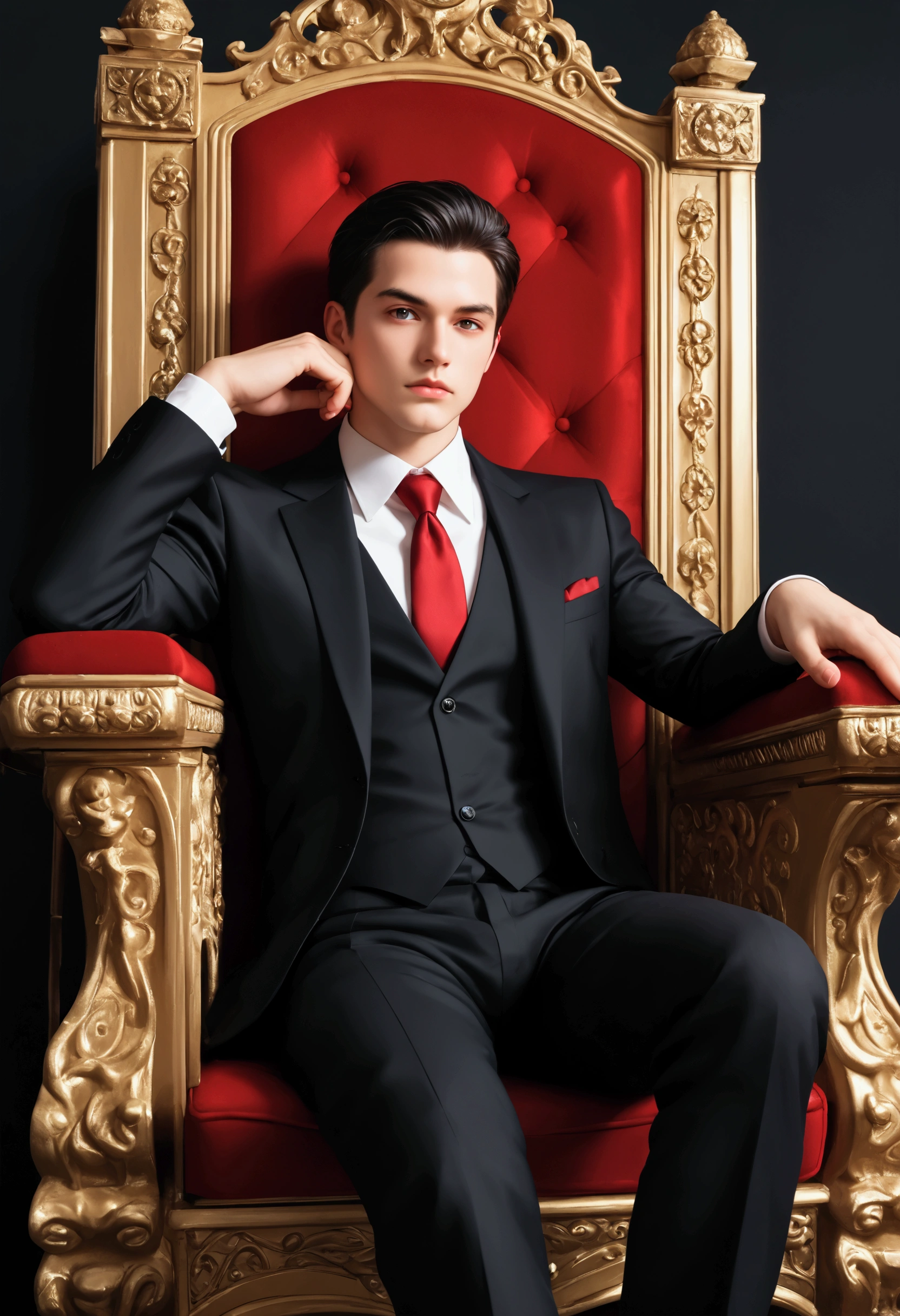 A hyper-realistic depiction of a powerful mafia boss sitting confidently on an ornate throne in a shadowy, dimly lit hall. He wears a sharp, tailored black suit with a crimson tie, exuding authority and danger. (long black hair). His posture is relaxed yet commanding, one hand resting on the armrest and the other holding a glass of whiskey, reflecting his composed yet intimidating demeanor.  

Behind him, the dark stone wall features bold, graffiti-style lettering that reads "SRI ITNAA MUSIC" in large, striking red and white letters, partially illuminated by the cinematic lighting. The lighting creates sharp contrasts, casting dramatic shadows that emphasize the boss's face, the texture of the throne, and the bold lettering.  

The hall is filled with subtle details: faint smoke lingering in the air, the glint of polished wood and leather on the throne, and a faint red hue reflecting off the glossy floor. The cinematic framing captures the boss from a slightly low angle, enhancing his imposing presence, with the white and blue tones dominating the scene to add a sense of danger and mystery.