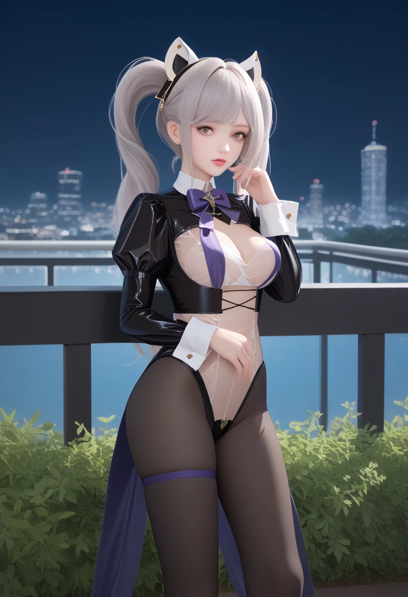 NSFW,score_9, score_8_up, score_7_up,
  alicernd, twintails, very long hair, grey hair, brown eyes
garden,fence, cityscape, sunset, standing, 
  cheshire ,reverse outfit ,white bodysuit, see-through, puffy sleeves, pantyhose, no headwear,