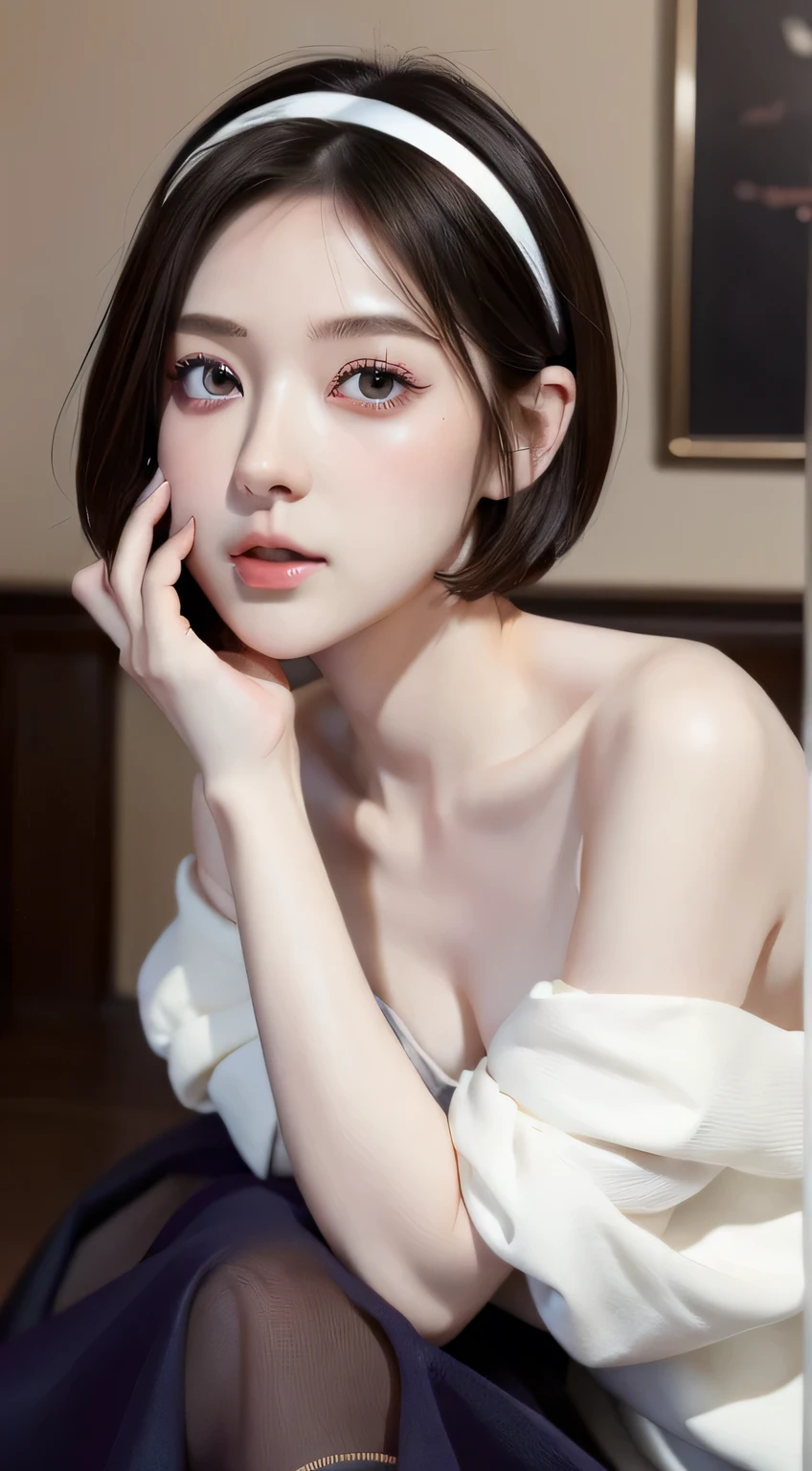 ((best quality)), ((highly detailed)), ((((Short Bob Hair)))), Complex eyes,beautiful detailed eyes,Symmetrical eyes,(((detailed face))),beautiful detailed lips, Young Face,Short stature，Pretty face， (((Embarrassing))),(Lips waiting for a kiss),(My heart is pounding with anticipation.)、Mesh Camisole、Sitting on the pillow and riding、Hugging the pillow on your knees、Bold leg spread、barefoot、Wide composition、Eating sausages、On the bed、Spilling milk、Fisheye Lens、 (Flat Chest:1.1), masterpiece, absurdres, (detailed eyes, deep eyes), (1girl), yandere trance, yandere, hands on own face, hands on own cheeks, shaded face, ((glowing eyes)), (upper body), hexmaniacms, ((@.@)), (upper body), hexmaniacms, ((@.@)), bags under eyes, ahoge, headband, black hair, pale skin, small breasts, , purple clothes, (at a cafe, coffee, noon), 