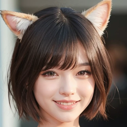 Cat-Eared girl, close up happy face, messy wide short bob hair, blue,