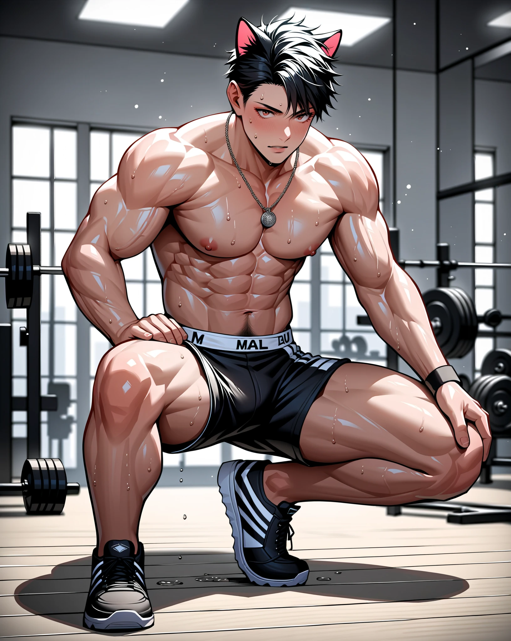 Kiritsugu is sitting and flexing his thighs. He wears black short boxershorts. You can see his thighs completely. He is wearing a black tshirt with short sleeves. His sleeve is rolled up completely, so you can see his entire arm and shoulder. He is admiring his arms. He has a huge bulge. You can see his abs too. His boxershorts are rolled up completely so you can see his entire leg. he has many bulging veins on his arms.