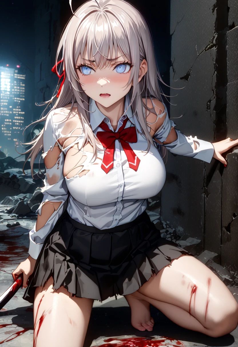 Night, Score 9, Score 8+, Score 7+, Rating, Source Anime, Masterpiece, Top Quality, Delicate Illustration, Sharp Lines, Sharp Focus, Absurd, BREAK POV, --- ------------- Alisa Mikhailovna Kujo, Long Hair, Bangs, Blue Eyes, Hair Ribbon, Ahoge, Grey Hair, Red Ribbon, Big Breasts, Skirt, Shirt, Torn Long Sleeves, Bow Tie, Torn Uniform, Torn Jacket, White Shirt, Torn Pleated Skirt, Collared Shirt, Bow Tie, Torn Black Skirt, Red Bow Tie, Red Bow Tie, Torn Blazer, Torn Grey Blazer, Long Sleeves, ,-----Night, Ruins, Moonlight, (Dim Interior: 1.5), Glowing Eyes, NSFW Highest Quality Super Render Hyper-realistic and highly detailed (Chiaki Kuriyama from Kill Bill), high-resolution face, clean and delicate face, full body, crouching and wielding a long sword with one hand, anatomically correct sword grip, (live action), (bloody: 1.5), {dirty white underwear|navel}, indoors