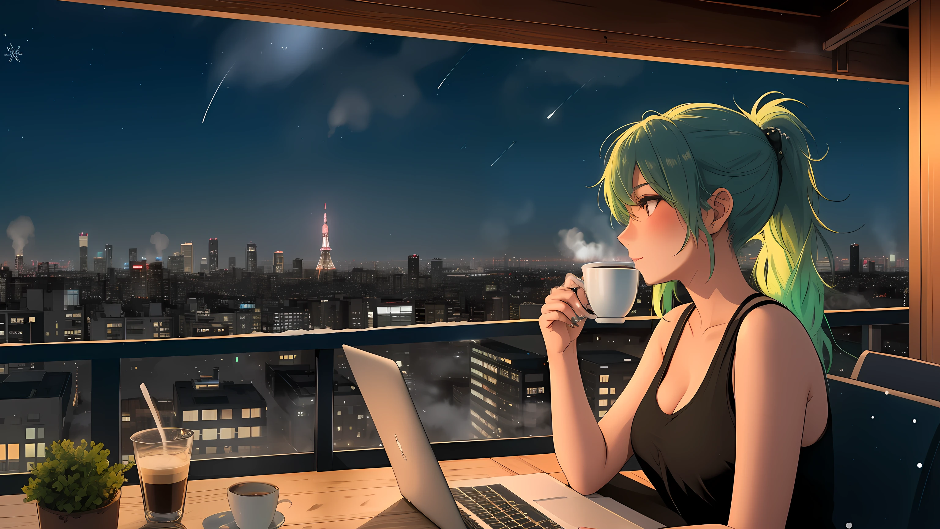 "A young woman with green hair tied in a ponytail sits on a chair on a rooftop balcony, gazing up at the starry night sky. She is dressed in a black tank top and blue jeans, her posture relaxed yet thoughtful. A laptop is open on the small table beside her, and a steaming cup of coffee sits next to it, the gentle steam rising into the chilly night air.
The rooftop balcony provides a stunning view of a snowy Tokyo skyline, with rooftops below blanketed in white and glowing neon signs reflecting off the snow. The iconic Tokyo Tower stands illuminated in the distance, surrounded by scattered stars and the soft glow of a crescent moon.
The cold winter breeze brushes her hair gently as she alternates between working on her laptop and admiring the peaceful urban landscape. The scene is a harmonious blend of tranquility and productivity, with the warmth of the coffee and the glow of the laptop contrasting beautifully against the crisp, snowy night and the vibrant city lights below."