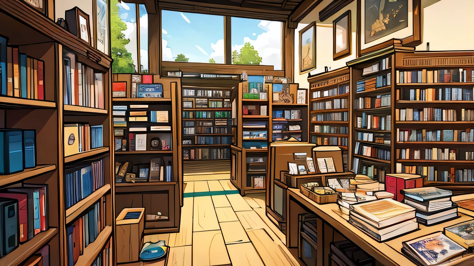 masterpicece, best quaility, bookstore, Beautiful store interior, detailed description, landscape