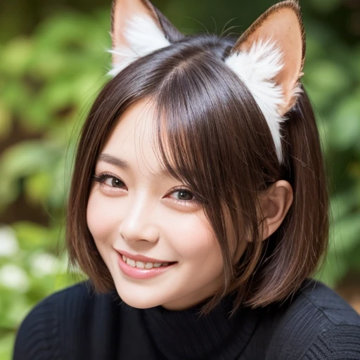 Cat-Eared girl, close up happy face, messy wide short bob brown hair, 