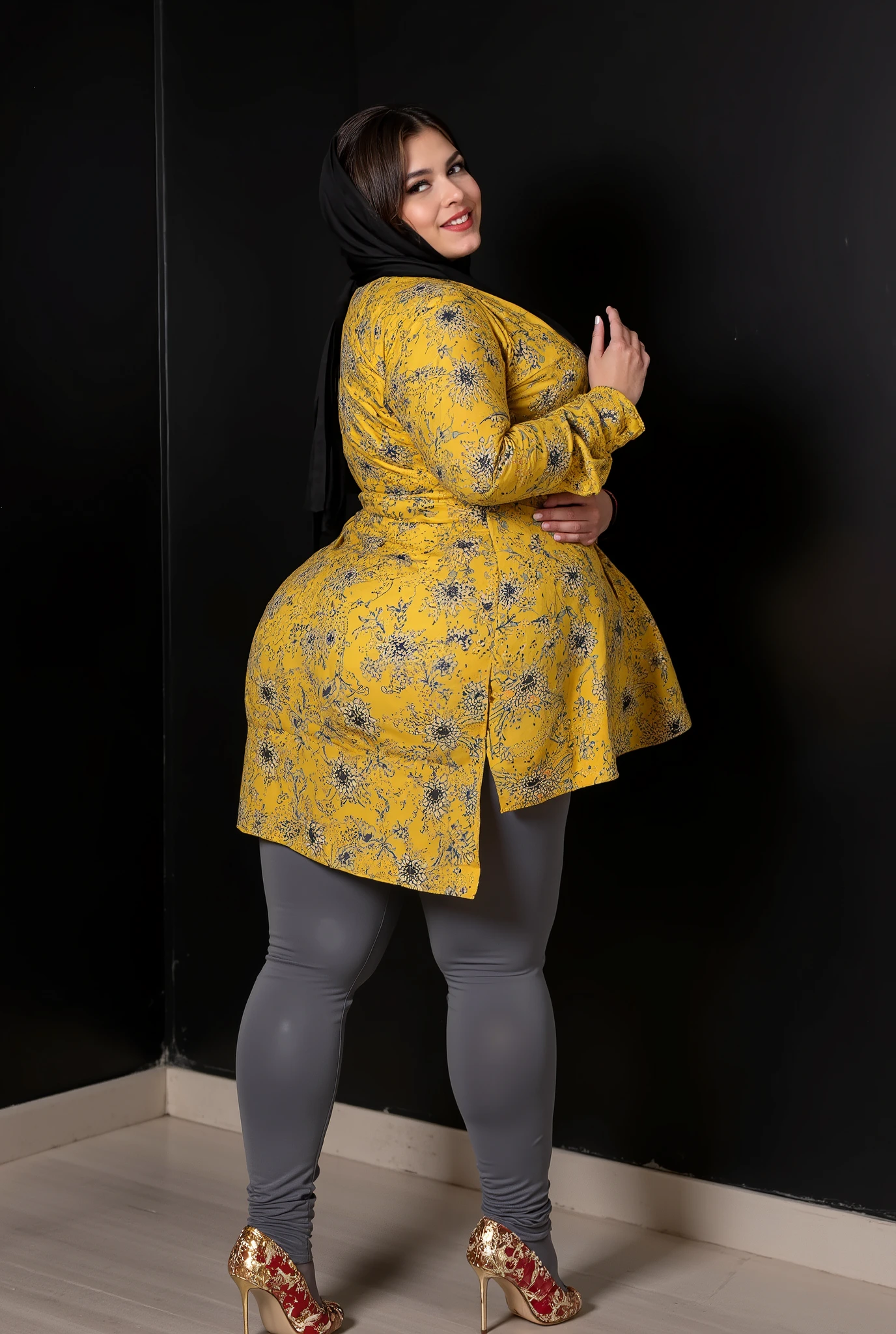 RAW, Best quality, high resolution, masterpiece: 1.3), beautiful Malay woman in hijab, Masterpiece, perfect body, (big breasteautiful big eyes, soft smile, beautiful face, Malay woman in hijab delivering drinks, in cafe, thin waist and thick hips, light blue and yellow clothes, beautiful Malay woman, with light yellow cloth, full body woman, wearing long tight clothes, wide hips, tight clothes, beautiful women, beautiful body style, attractive clothes, relaxed poses, tight, attractive poses, at the cafe