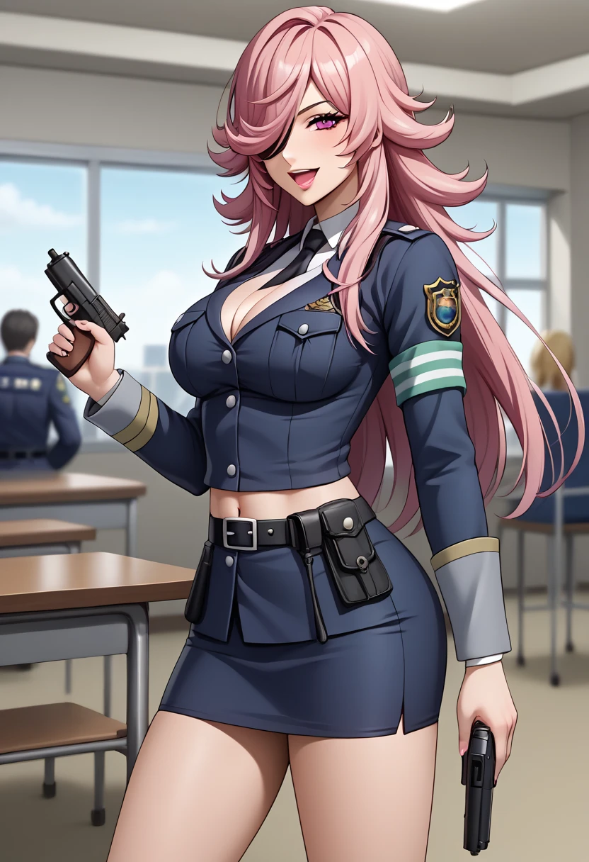 score_9, score_8_up, score_7_up, masterpiece, best quality, absurdres,  solo, BREAK
MainOutfit_YayoiKusakabe_ownwaifu,  
1girl, pink hair, pink eyes, spiked hair, long hair,  hair over one eye, lipstick,   makeup, lips, pink lips, large breasts,  bangs, one eye covered,
masterpiece, best quality, highly detailed, a anime girl in police uniforms , police outfit, military outfit,
open mouth, cleavage, evil smile, smile, ecchi anime style, anime girl, digital anime art!!, in anime
style, (nsfw) not safe for work, official artwork, , beautiful anime girl, anime style 4 k, micro pencil
skirt, pencil skirt, micro skirt, exposed
belly, exposed navel, exposed midriff, exposed lower belly, holding a gun, holding pistol
 window shade, indoors, depth of field, 