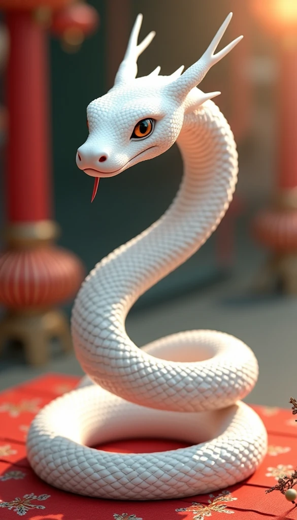 A white snake with a fan wrapped around its tail to celebrate the coming year.