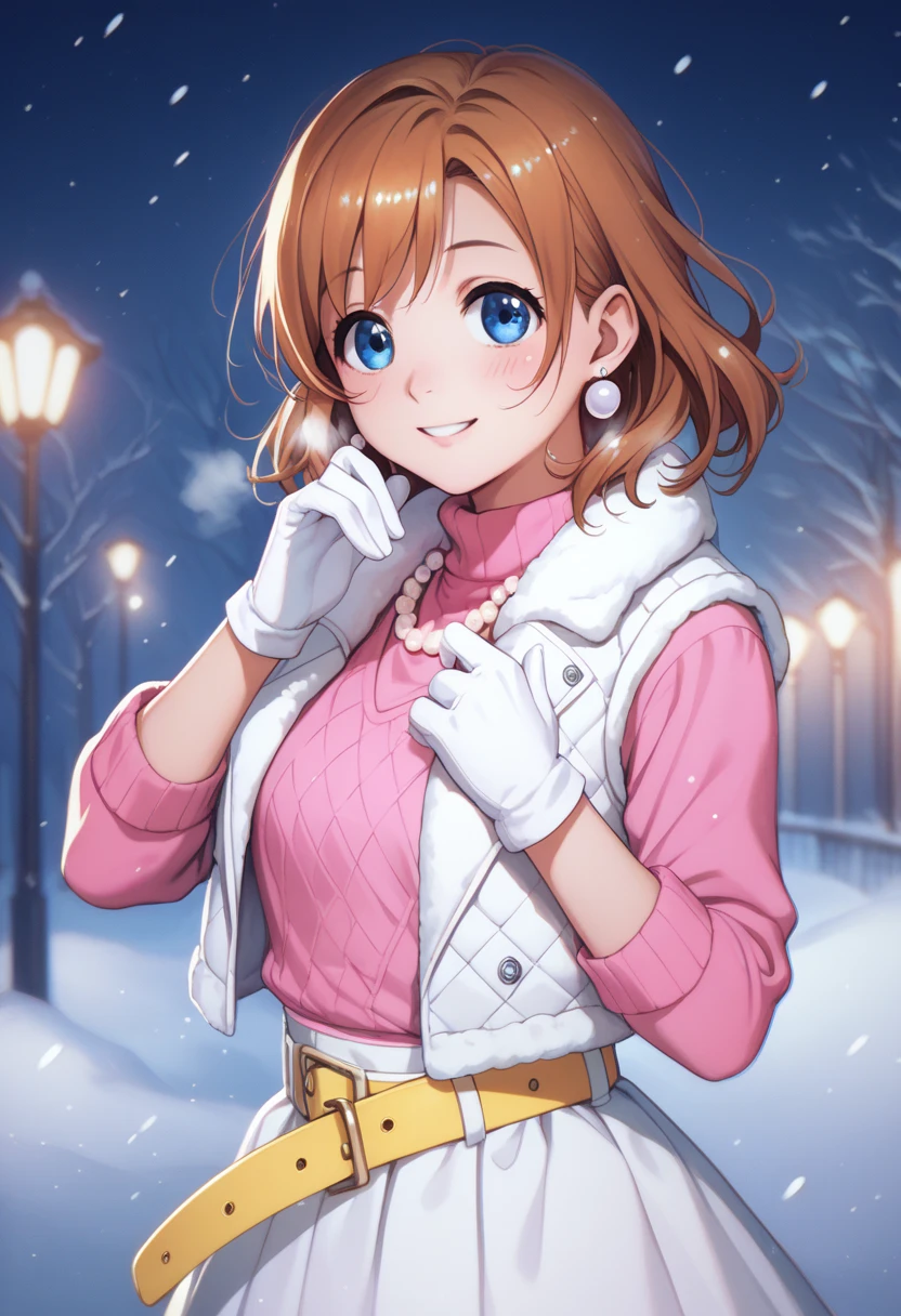 score_9, score_8_up, score_7_up, score_6_up,Shiny skin, kousaka honoka, blue eyes, beautiful, winter clothes, breathing, brown hair, night, snowing, cowboy shot,pink shirt,white open crop vest, white gloves, Pearl necklace, earrings, white skirt, loose yellow belt, happy