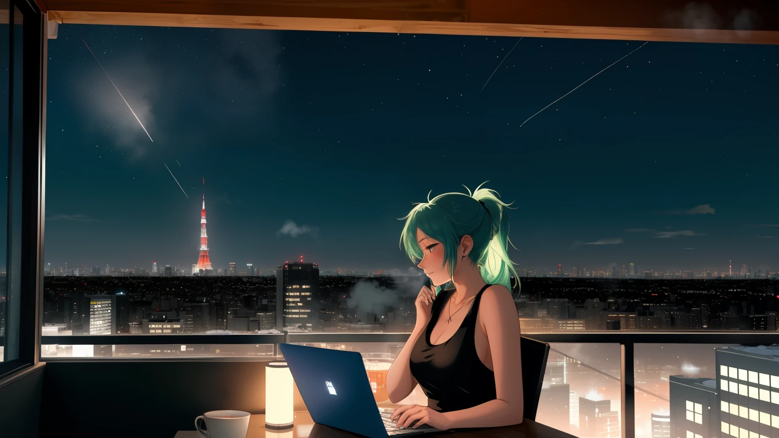 "A woman with green hair tied in a ponytail sits on a chair on a rooftop balcony, gazing up at the starry night sky. She is dressed in a black tank top and blue jeans, her posture relaxed yet thoughtful. A laptop is open on the small table beside her, and a steaming cup of coffee sits next to it, the gentle steam rising into the chilly night air.
The rooftop balcony provides a stunning view of a snowy Tokyo skyline, with rooftops below blanketed in white and glowing neon signs reflecting off the snow. The iconic Tokyo Tower stands illuminated in the distance, surrounded by scattered stars and the soft glow of a crescent moon.
The cold winter breeze brushes her hair gently as she alternates between working on her laptop and admiring the peaceful urban landscape. The scene is a harmonious blend of tranquility and productivity, with the warmth of the coffee and the glow of the laptop contrasting beautifully against the crisp, snowy night and the vibrant city lights below."