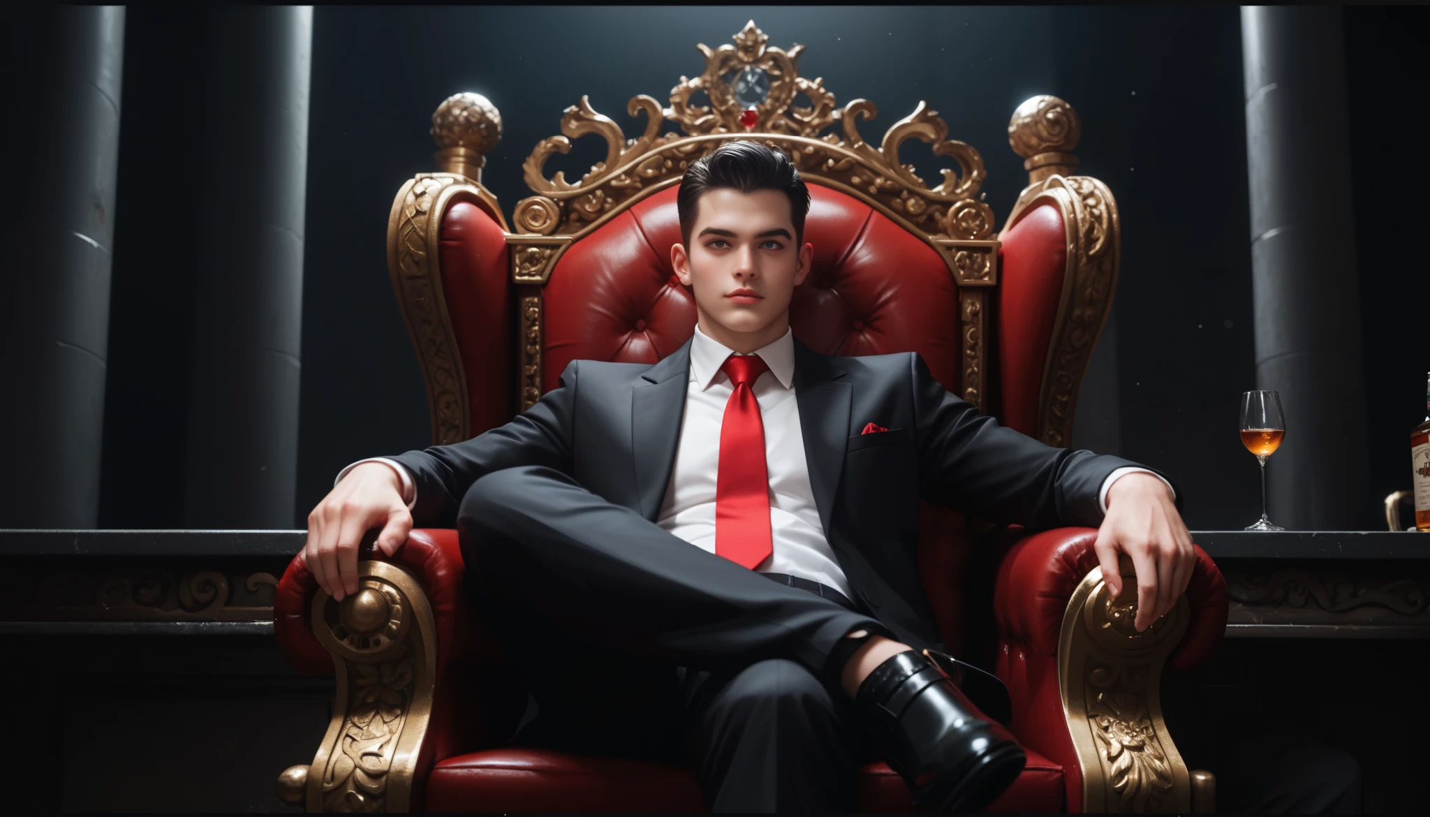 A hyper-realistic depiction of a powerful mafia boss sitting confidently on an ornate throne in a shadowy, dimly lit hall. He wears a sharp, tailored black suit with a crimson tie, exuding authority and danger. (long black hair). His posture is relaxed yet commanding, one hand resting on the armrest and the other holding a glass of whiskey, reflecting his composed yet intimidating demeanor.  

Behind him, the dark stone wall features bold, graffiti-style lettering that reads 'SRI ITNAA MUSIC' in large, striking red and white letters, partially illuminated by the cinematic lighting. The lighting creates sharp contrasts, casting dramatic shadows that emphasize the boss's face, the texture of the throne, and the bold lettering.  

The hall is filled with subtle details: faint smoke lingering in the air, the glint of polished wood and leather on the throne, and a faint red hue reflecting off the glossy floor. The cinematic framing captures the boss from a slightly low angle, enhancing his imposing presence, with the white and red tones dominating the scene to add a sense of danger and mystery.