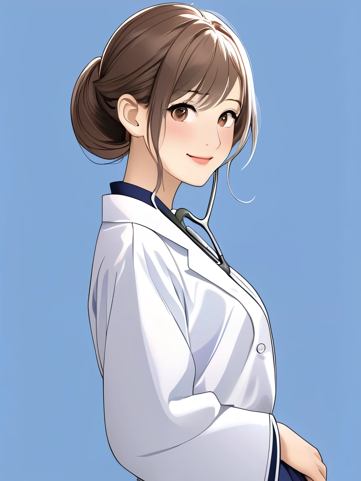 8k, top-quality, masterpiece, Super A high resolution、photograph, simple background, beautiful Japanese woman's elegance, One Woman, one lady, Beautiful smile, Transparent atmosphere, Sexy lips, Beautiful Face, very short hair, hair bun, gentle smile, white skinned, Droopy eyes, Brown eyes, medium sized breasts, 30 years old, no background, simple background, blue background, Smooth fabric, tight, skirt, pointing at sky, side shot, standing, doctor, doctor costume, upper body, Put the stethoscope on own neck, ponytail,