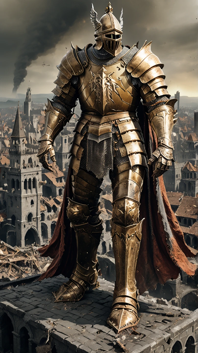 A colossal knight clad in full golden armor towers over a medieval city, crushing and destroying the buildings beneath his massive feet. The overwhelming presence of the knight and his destructive power dominate the scene, as chaos unfolds in the devastated city.

giant knight:3.0, golden armor:3.0, medieval city:2.5, destruction:2.8, chaos:2.7, colossal figure:3.0, stomping:2.9, apocalyptic scene:2.5, towering presence:2.8

