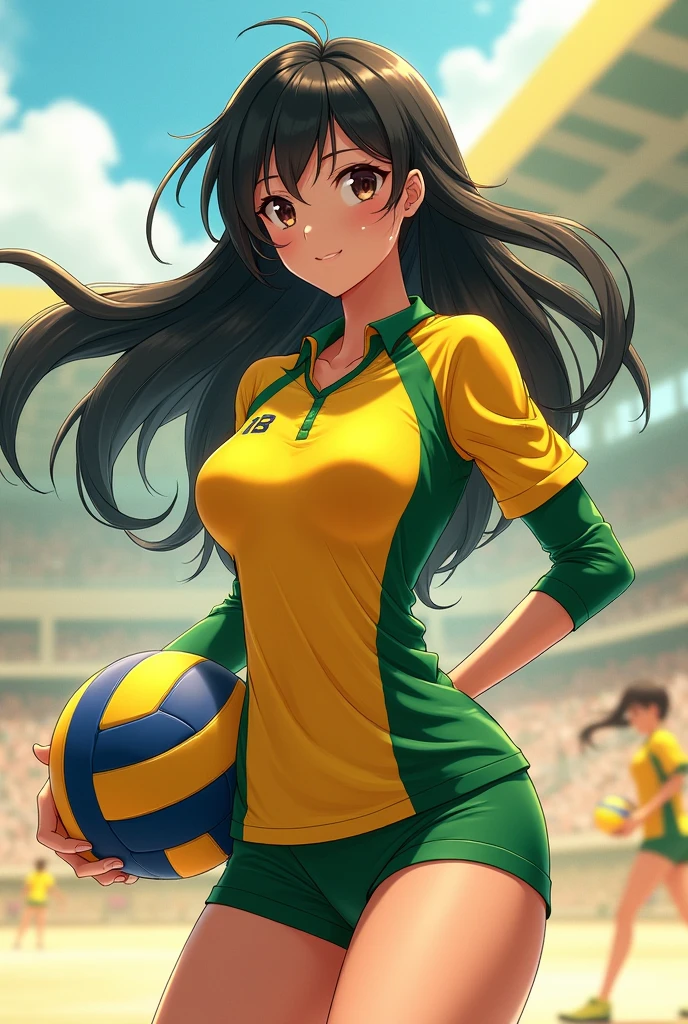 A detailed and charming description of a girl dressed as a y soccer player with a delicate look. Her curly brown hair falls softly over her shoulders, complementing her vibrant appearance. Wearing a uniform in the colors green and yellow, adorned with the flag of Brazil, she exudes confidence and passion for the sport. Sent on the football field, her pose is graceful and relaxed, conveying an air of intuition and grace --auto --s2