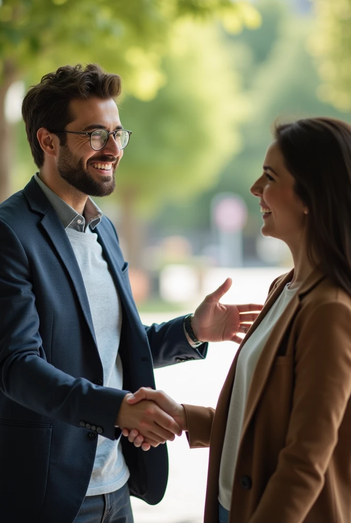 a 40yo italian businessman shaking hands with a client after selling her a pair of glasses to a 50yo woman, focus on details, 4k, happy faces, smiles,busnessman looking the viewer, house living background