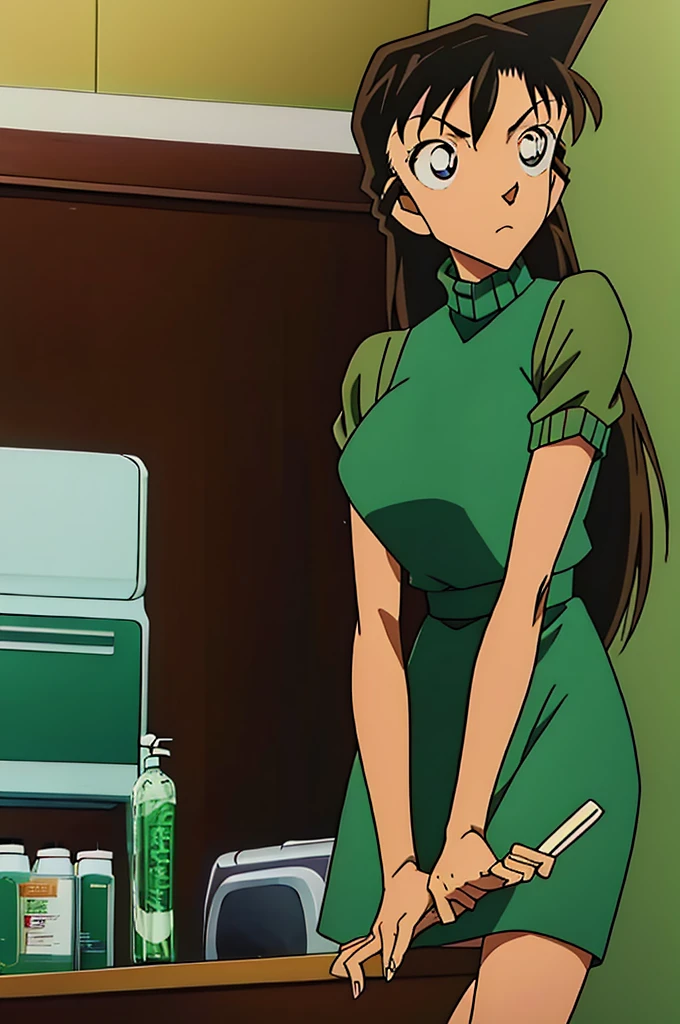 {{{Dylan}}},{{{ Detective Conan}}},{{{ long hair}}},{{{ official style}}},{{{adult}}},Green Dress,  one-piece dress  , turtleneck,  green mini skirt  ,{ light green cropped jacket },Green socks,,sink,laundry,kitchen,bringing upper body to the sink,open