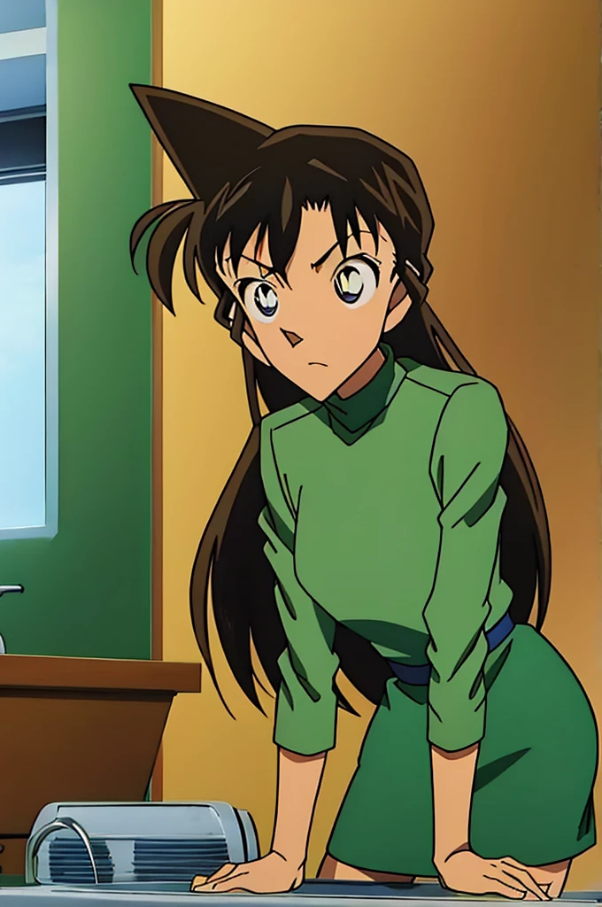 {{{Dylan}}},{{{ Detective Conan}}},{{{ long hair}}},{{{ official style}}},{{{adult}}},Green Dress,  one-piece dress  , turtleneck,  green mini skirt  ,{ light green cropped jacket },Green socks,,sink,laundry,kitchen,bringing upper body to the sink,open